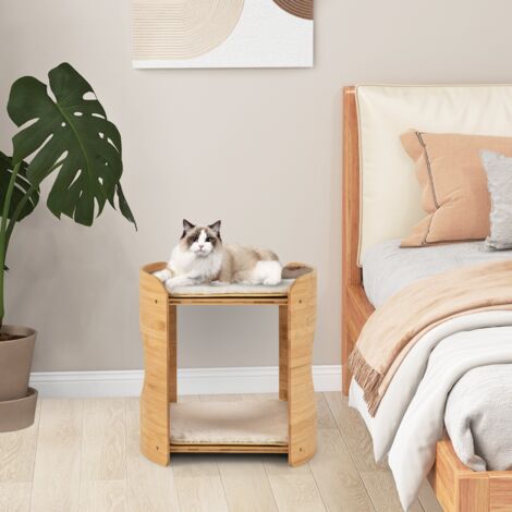 Meuble pour Chat Petite Tour pour Chat à 2 Niveaux avec Cadre en Bambou Naturel Coussins en Peluche Doux Amovibles Beige CW7302 DESIGN IN