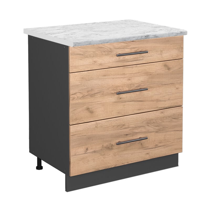 Meuble cuisine Fame-Line, Chêne de force doré, 80 cm avec 3 tiroirs, PT Marbre, Vicco