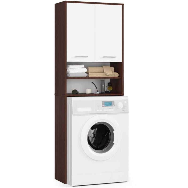 Meuble pour machine à laver fin Wengé 64 cm 2 portes façade Blanche niche 4 étagères 64x30x180 cm