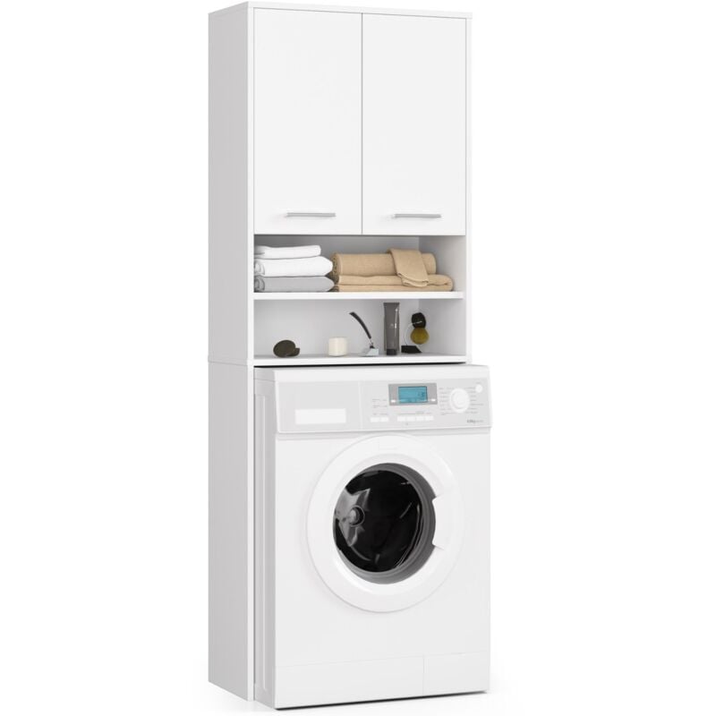 Meuble pour machine à laver fin Blanche 64 cm 2 portes façade Blanche niche 4 étagères 64x30x180 cm