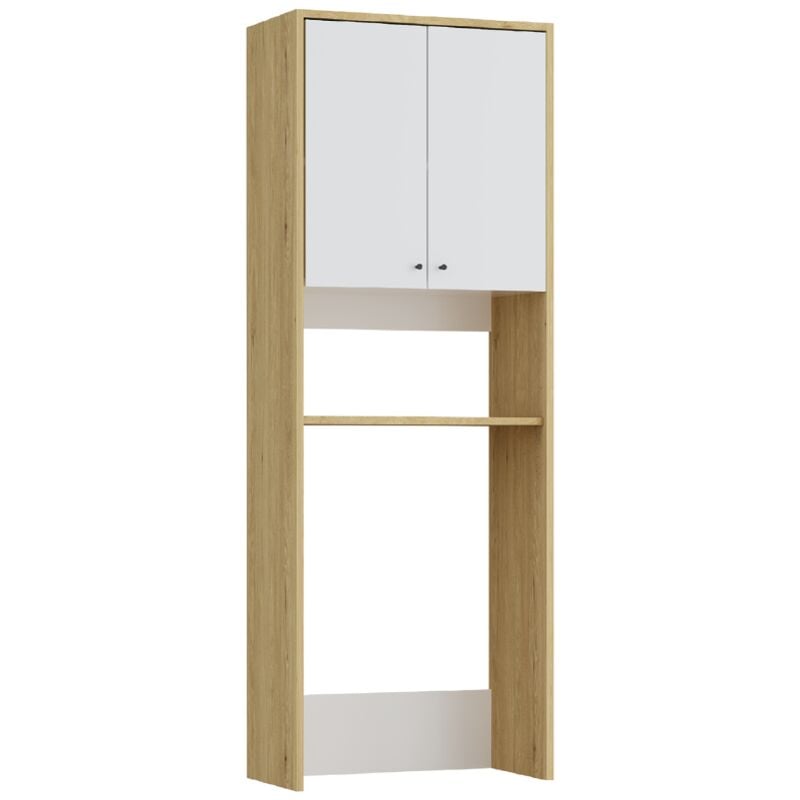 Meuble pour machine à laver avec double portes - L65 x H180 cm - Blanc et naturel clair - worika