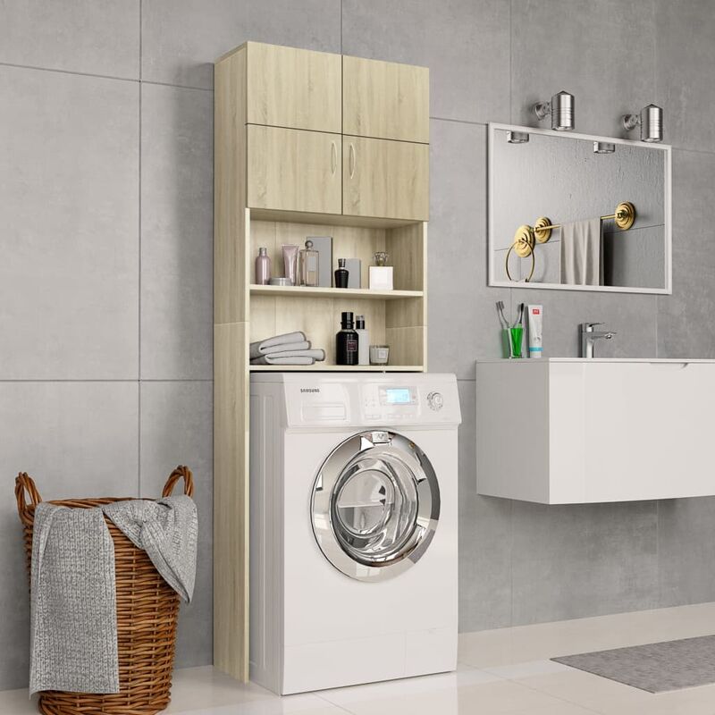 Meuble pour machine à laver Meuble de salle de bain Meuble WC Moderne Chêne Sonoma 64x25,5x190 cm Aggloméré NAJO2563