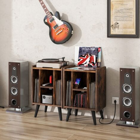 Meuble pour Tourne-disque Support de Stockage de Disques Vinyles 4 Etagères Ouvertes Prise de Courant et Port USB Café