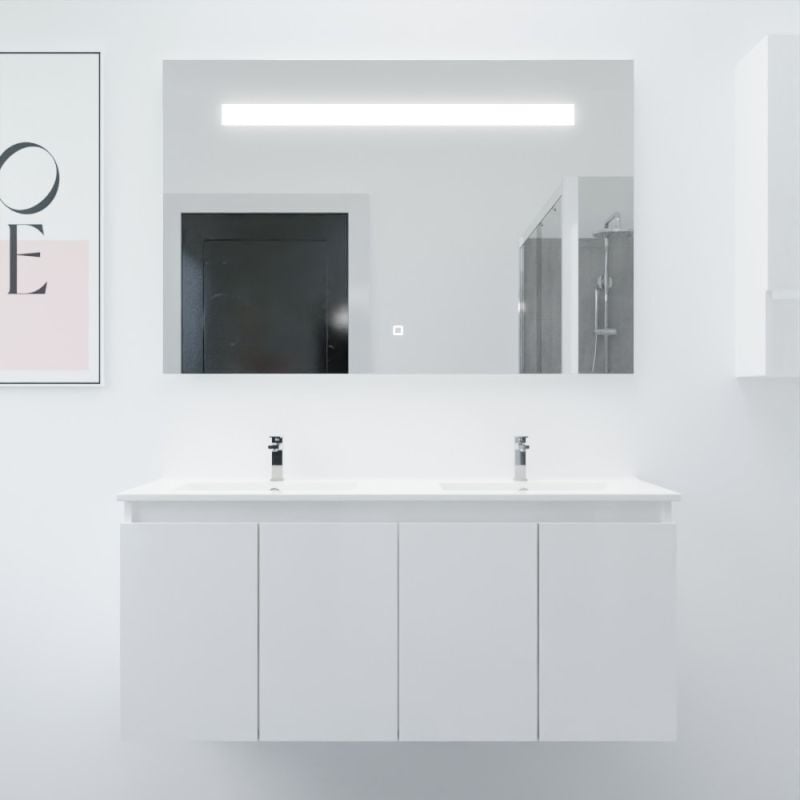 Meuble PROLINE 120 cm avec plan double vasque et miroir Elégance ht80- Blanc- Plan vasque en Céramique