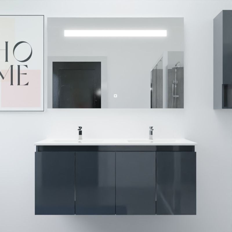 Cuisibane - Meuble proline 120 cm avec plan double vasque et miroir Elégance ht80- Gris- Plan vasque en Céramique