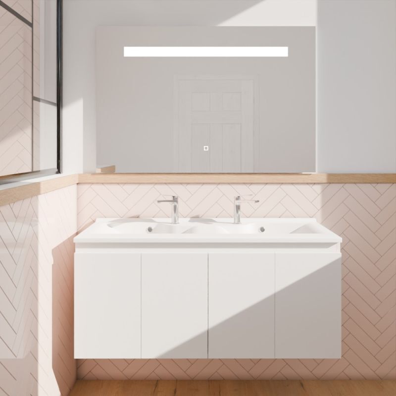 Cuisibane - Meuble proline 120 cm avec plan double vasque et miroir Elégance ht80- Blanc- Plan vasque en Résine