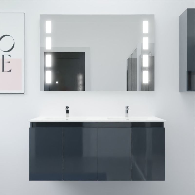 Cuisibane - Meuble proline 120 cm avec plan double vasque et miroir Prestige- Gris- Plan vasque en Céramique