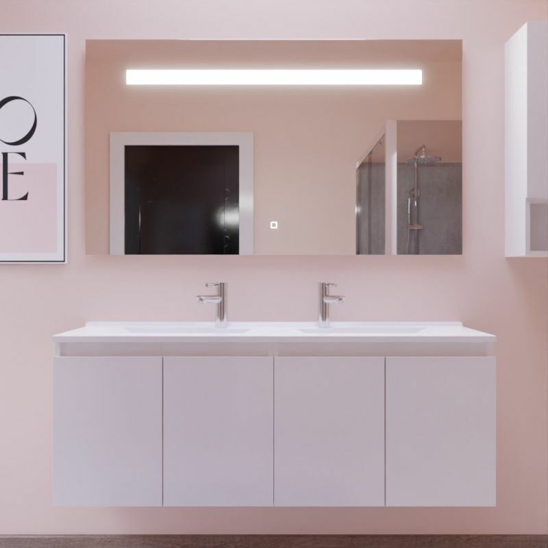 Cuisibane - Meuble proline 140 cm avec plan double vasque et miroir Elégance ht80- Blanc - vasque en résine