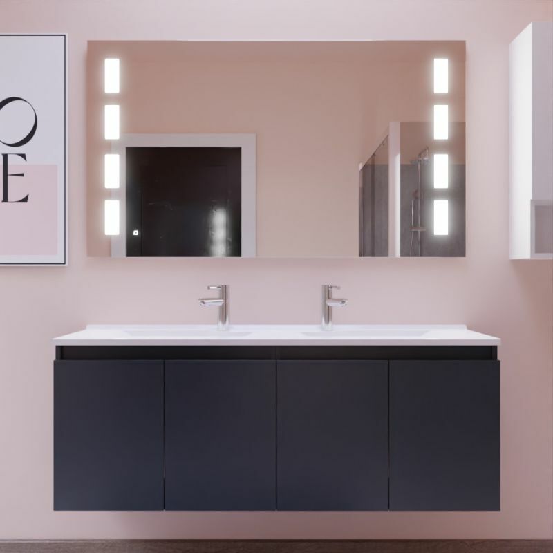 Cuisibane - Meuble proline 140 cm avec plan double vasque et miroir Prestige- Gris - Gris