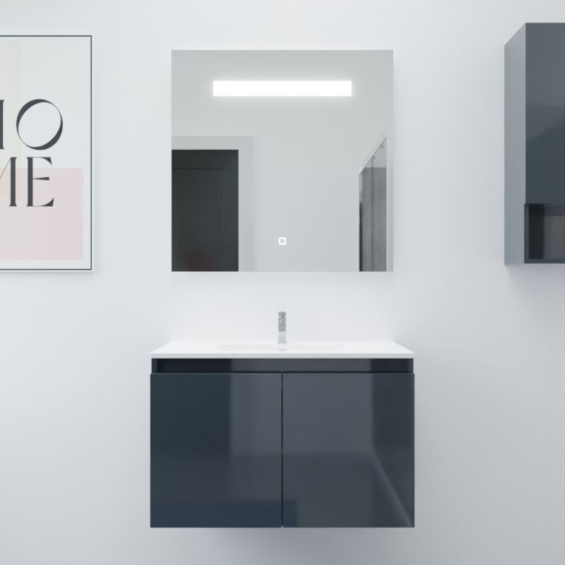 Cuisibane - Meuble proline 80 cm avec plan vasque et miroir Elégance ht80- Gris- Plan vasque en Céramique