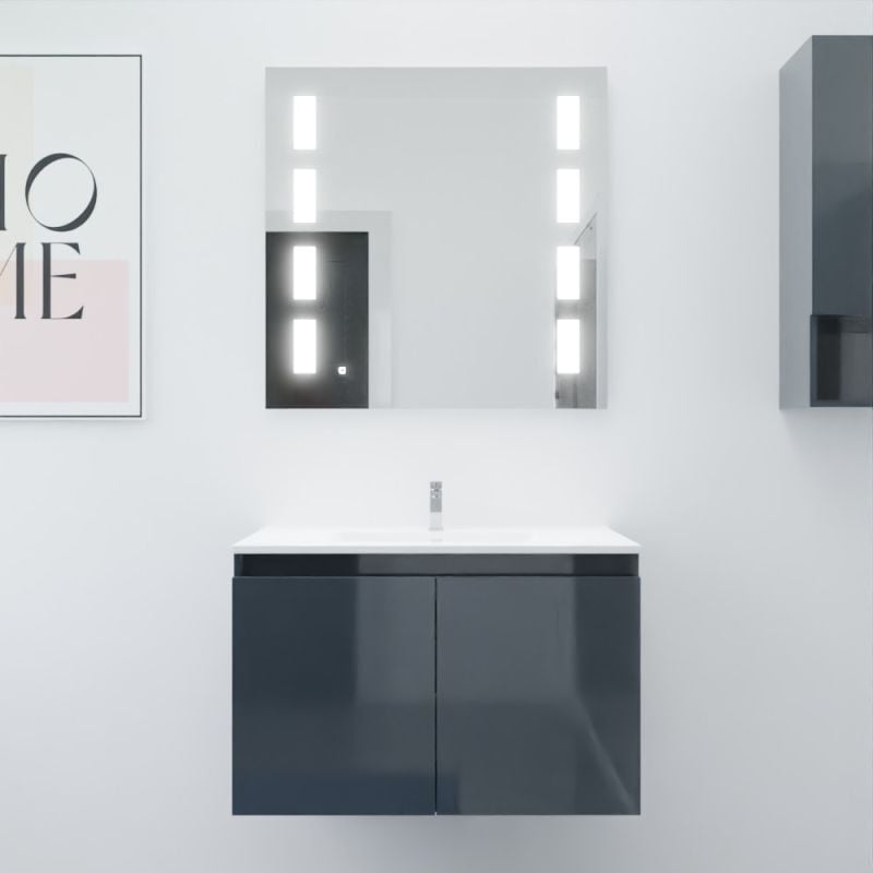 Cuisibane - Meuble proline 80 cm avec plan vasque et miroir Prestige- Gris- Plan vasque en Céramique