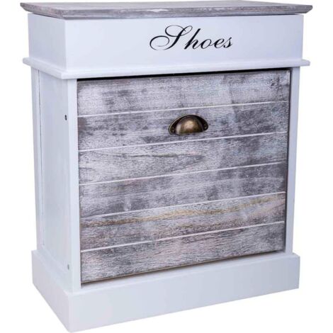 Meuble range chaussures blanc bois style campagne chic - Blanc et bois vieilli clair