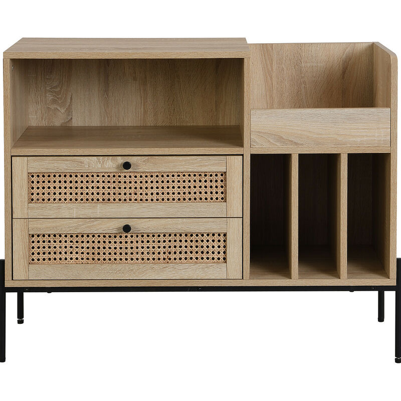 Homifab - Meuble range vinyles 2 tiroirs en cannage naturel et effet chêne 90 cm - Iris