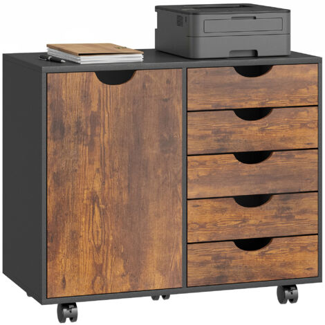 Meuble rangement bureau 5 tiroirs 1 porte étagère réglable support imprimante roulettes, 78x40x66,5 cm, marron