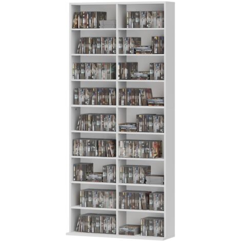 Meuble rangement CD/DVD/Blu-ray 640/360 pièces 78,5×24×175 cm, bibliothèque blanche