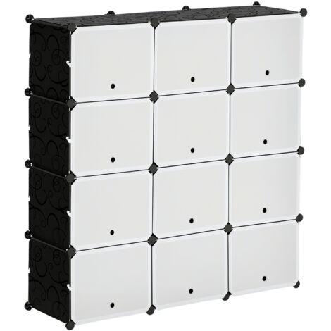 Meuble rangement chaussures modulable 12 casiers avec portes et étagères, 125x32x125 cm, noir