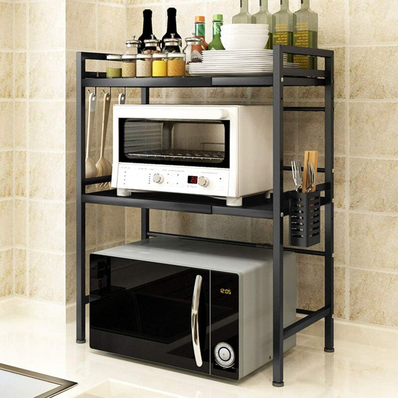 Étagères de cuisine - étagère micro-onde - meuble micro-onde - 3 étagères,  plateau, crochets - panneaux particules aspect