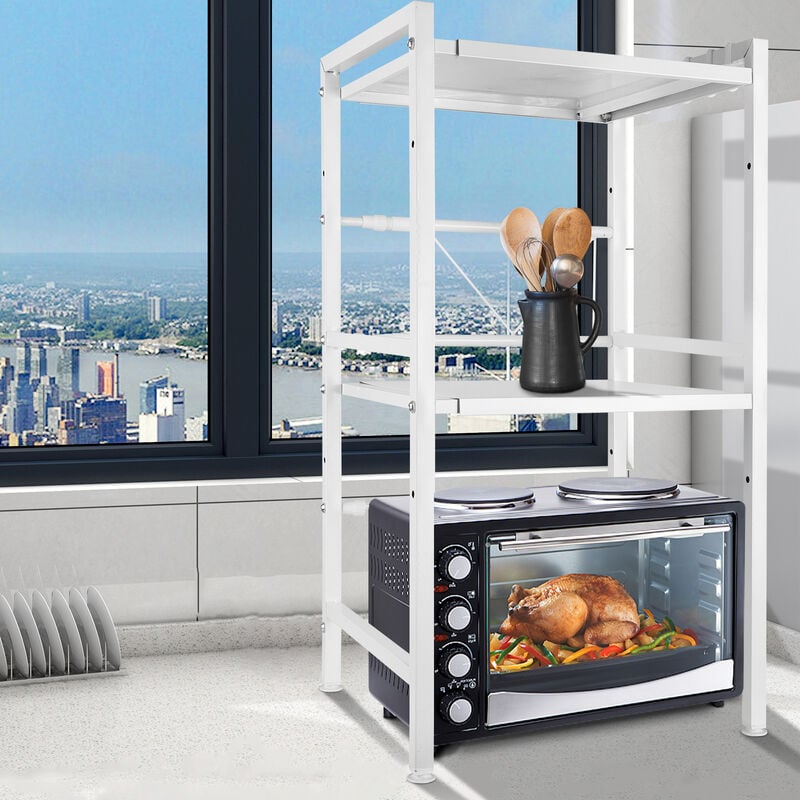 Meuble Rangement Cuisine Longeur Réglable 40/6436.578cm Étagère Multifonction pour Micro Ondes avec 6 Crochets blanc