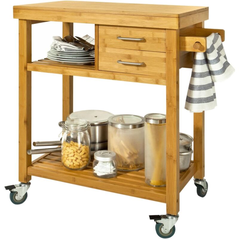 Meuble rangement cuisine roulant en Bambou, Chariot de cuisine, Desserte à roulettes FKW26-N Sobuy
