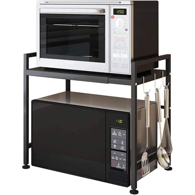 Meuble Rangement de Cuisine Support Four Micro-Ondes Extensible en Hauteur & Largeur - Noir, Acier au Carbone, 2 Niveaux d'étagère, 3 Crochets pour