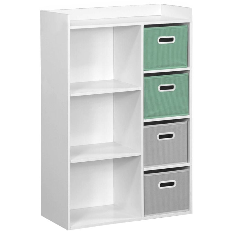 Meuble de rangement pour enfant avec 7 compartiments. 2 paniers verts et 2 paniers gris en velours