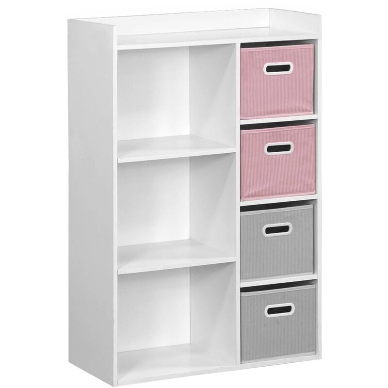 Meuble de rangement pour enfant avec 7 compartiments et 2 paniers roses et 2 paniers gris en velours