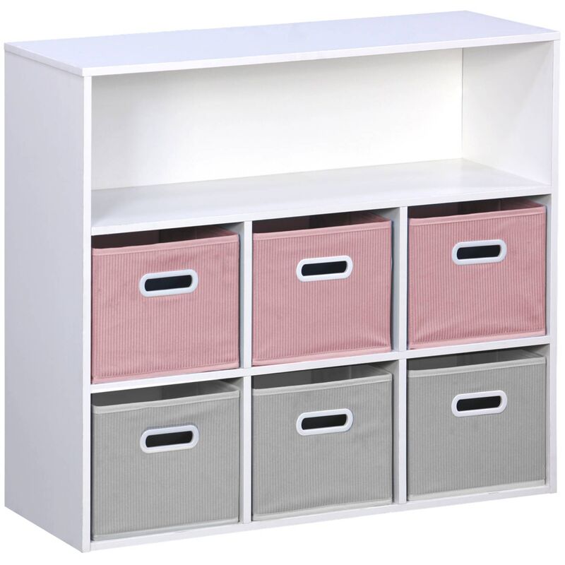 Sweeek - Meuble de rangement pour enfant avec 7 compartiments et 3 paniers roses et 3 paniers grisvelours