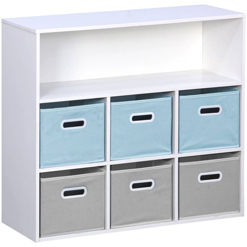 Meuble de rangement pour enfant avec 7 compartiments et 3 paniers bleus et 3 paniers gris en velours