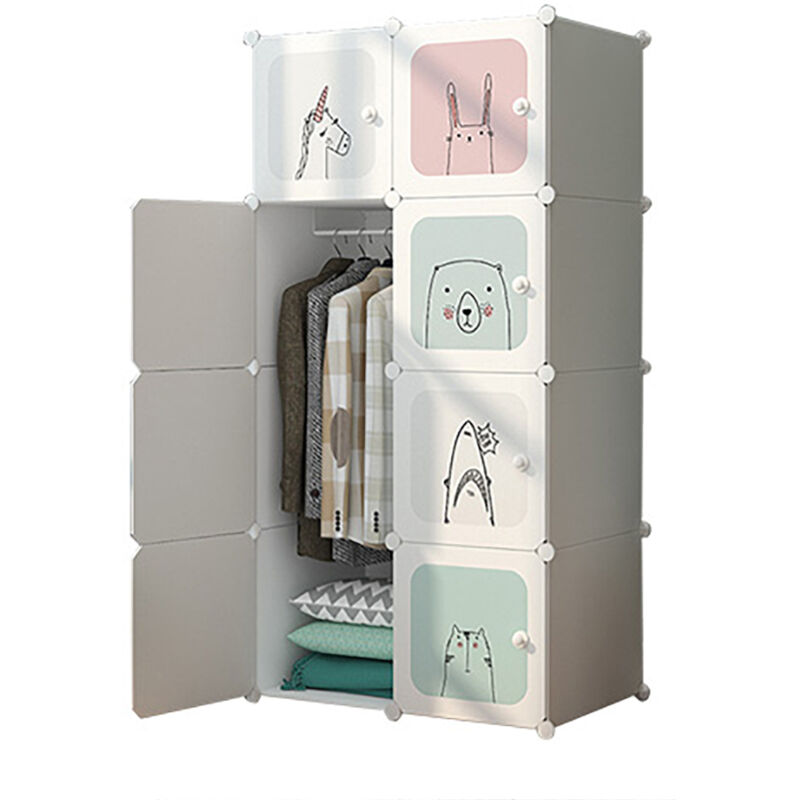 Meuble Rangement Enfant 8 Cubes, Armoire Modulable avec Portes, Étagère en Plastique, pour Jouets, Vêtements, Chaussures, Sacs d'École, 75x47x147CM,