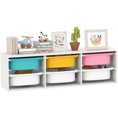 Meuble rangement enfant à 2 niveaux, étagère de rangement pour jouets enfants avec 6 bacs amovibles, 97x21x29cm, blanc