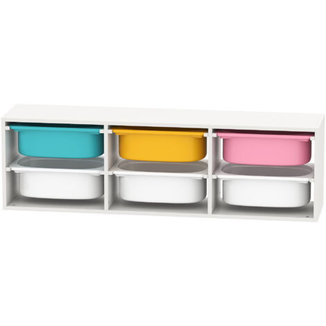 Meuble rangement enfant à 2 niveaux, étagère de rangement pour jouets enfants avec 6 bacs amovibles, 97x21x29cm, blanc