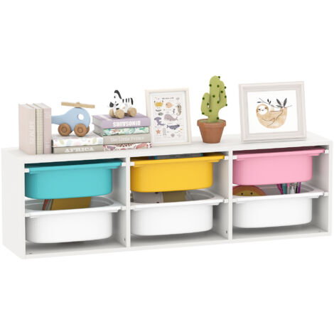 Meuble rangement enfant à 2 niveaux, étagère de rangement pour jouets enfants avec 6 bacs amovibles, 97x21x29cm, blanc