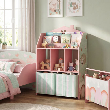 Meuble rangement enfant, bibliothèque enfants avec étagères ouvertes et 2 tiroirs en tissu, MDF, rose