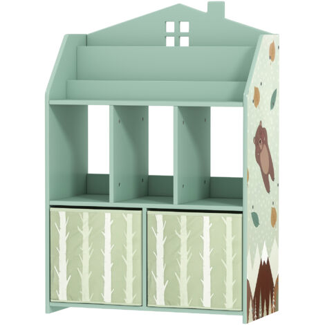 Meuble rangement enfant, bibliothèque enfants avec étagères ouvertes et 2 tiroirs en tissu, MDF, vert