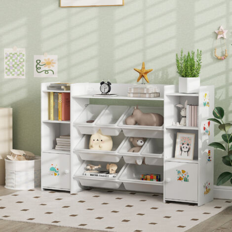 Meuble rangement enfant, étagère de rangement pour jouets enfants avec 8 bacs amovibles, 140 x 30 x 90 cm, blanc