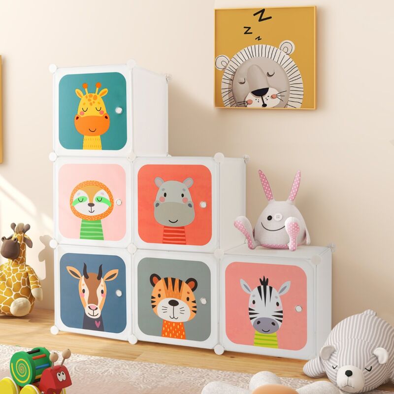 Meuble Rangement Enfants 8 Cubes Motif Animaux Armoire Modulable Métallique 10kg Blanc CW41291