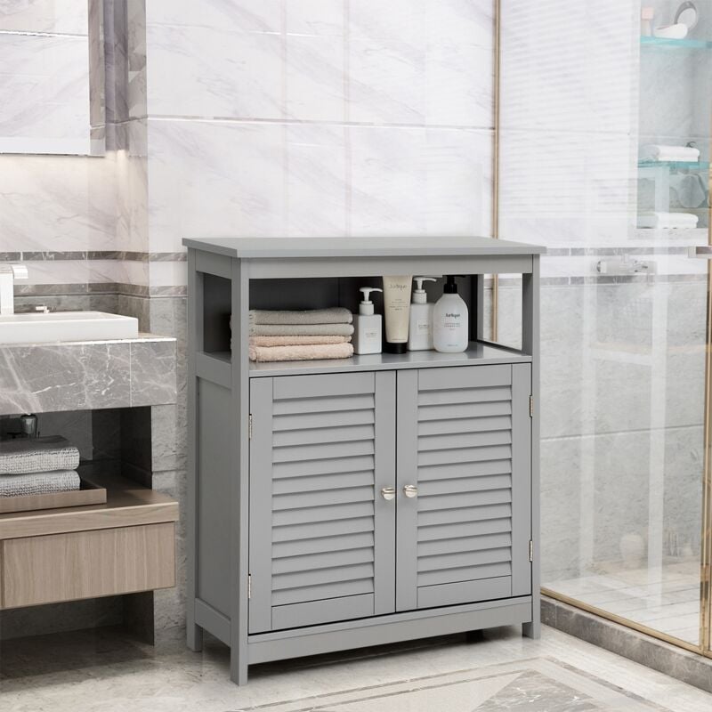 Meuble Rangement Salle de Bain Pieds Bois 2 Portes Gris CW75795