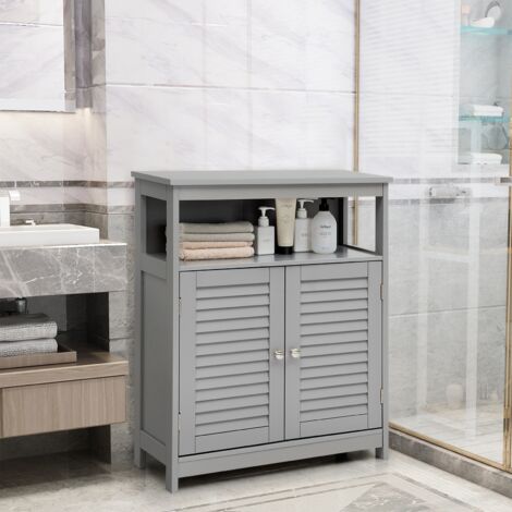Meuble Rangement Salle de Bain Pieds Bois 2 Portes Gris CWXT8177 DESIGN IN