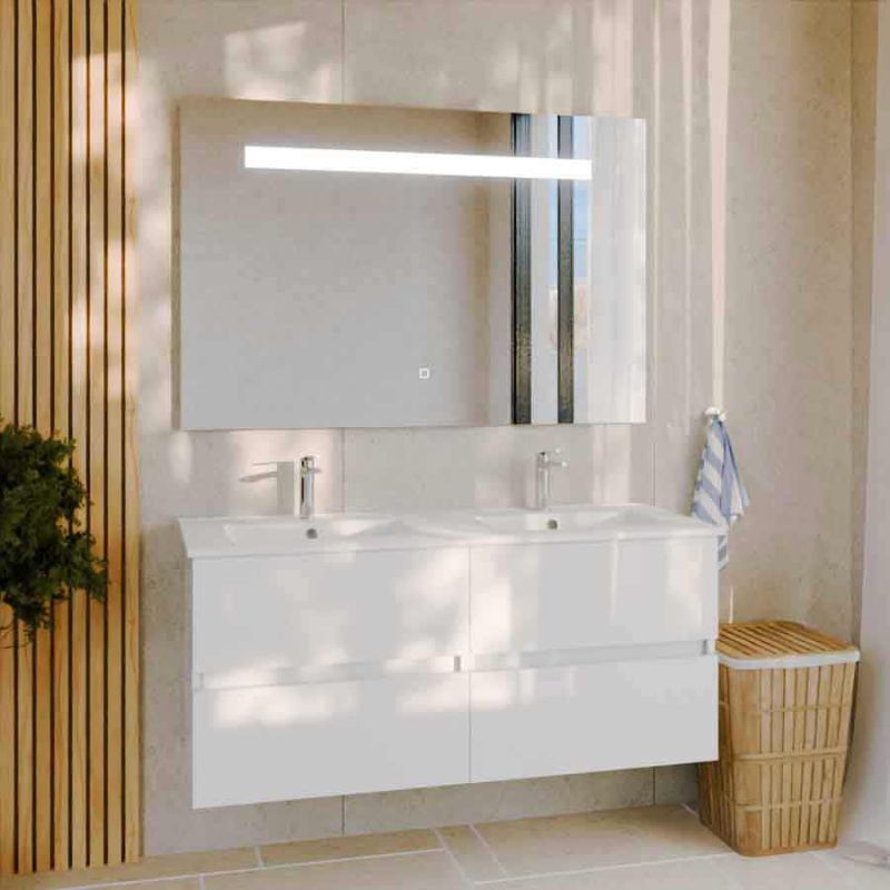 Cuisibane - Meuble double vasque 120 cm rosaly avec miroir Elégance ht80- Blanc- Plan vasque en Céramique