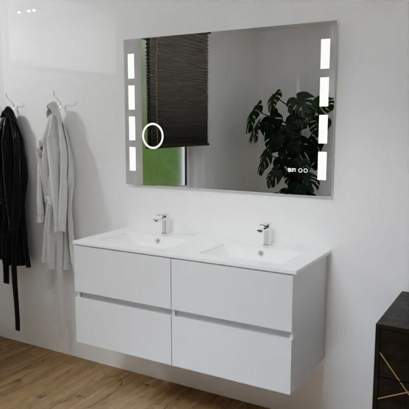 Cuisibane - Meuble double vasque 120 cm rosaly avec miroir Excellence- Blanc- Plan vasque en Céramique
