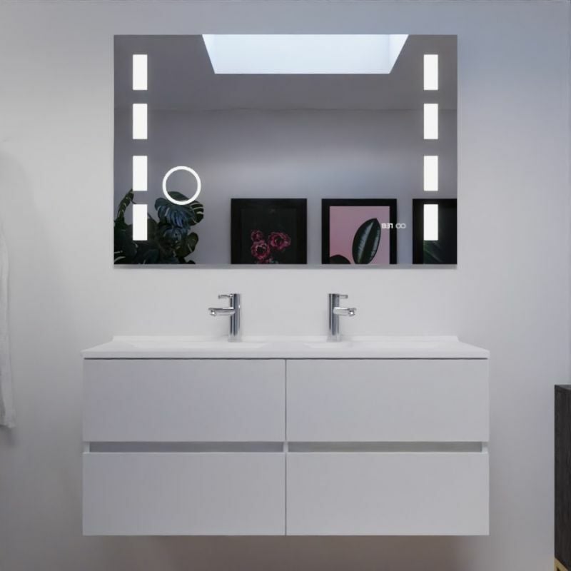 Meuble double vasque 120 cm ROSALY avec miroir Excellence- Blanc- Plan vasque en Résine