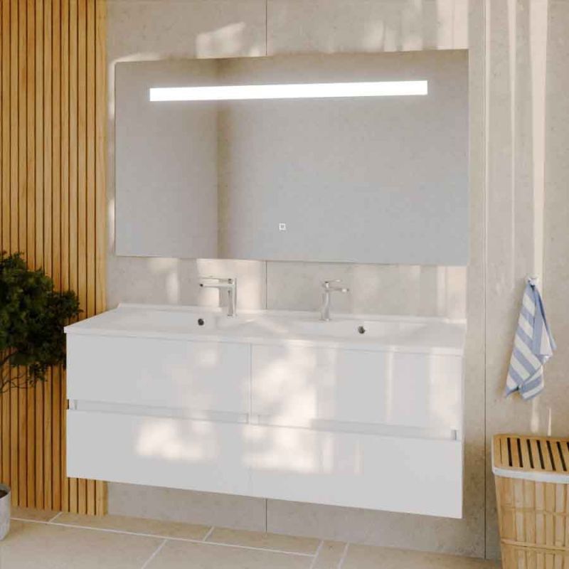 Cuisibane - Meuble double vasque 140 cm rosaly avec miroir Elégance ht80- Blanc - vasque en résine