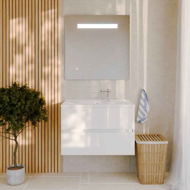 Cuisibane - Meuble salle de bain 80 cm rosaly avec plan vasque et miroir Elégance ht80- Blanc- Plan vasque en Résine
