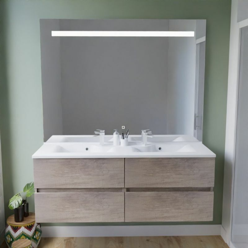 Cuisibane - Meuble double vasque inox 140 cm rosinox + miroir Elégance ht105- Bois- Plan vasque en