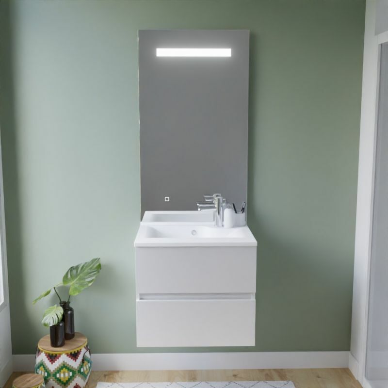 Meuble vasque tout inox ROSINOX 60 cm + miroir Elégance ht105- Blanc- Plan vasque en Résine
