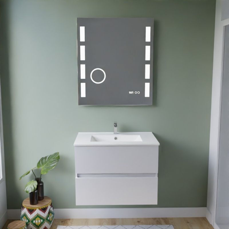 Cuisibane - Meuble vasque tout inox rosinox 70 cm + miroir Excellence- Blanc- Plan vasque en Céramique