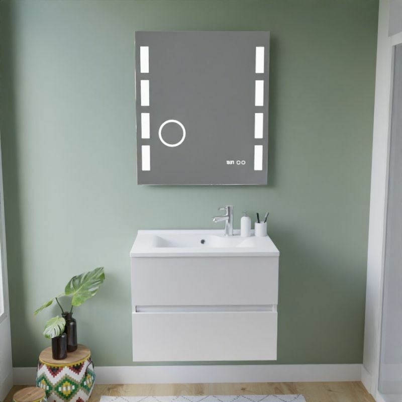 Cuisibane - Meuble vasque tout inox rosinox 70 cm + miroir Excellence- Blanc- Plan vasque en Résine
