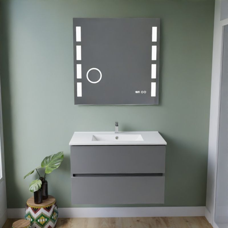 Cuisibane - Meuble vasque tout inox rosinox 80 cm + miroir Excellence- Gris- Plan vasque en Céramique