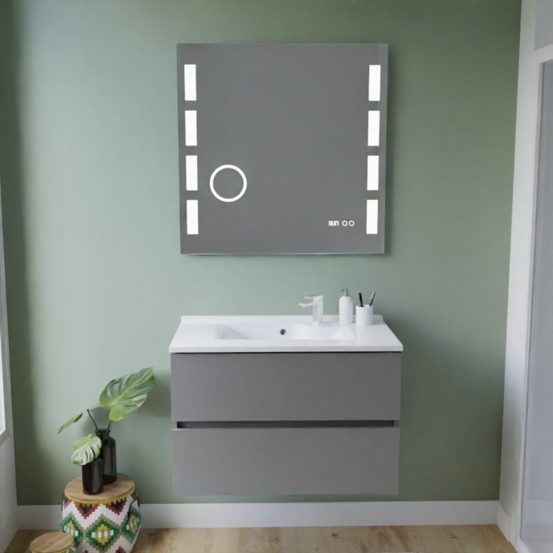 Cuisibane - Meuble vasque tout inox rosinox 80 cm + miroir Excellence- Gris- Plan vasque en Résine