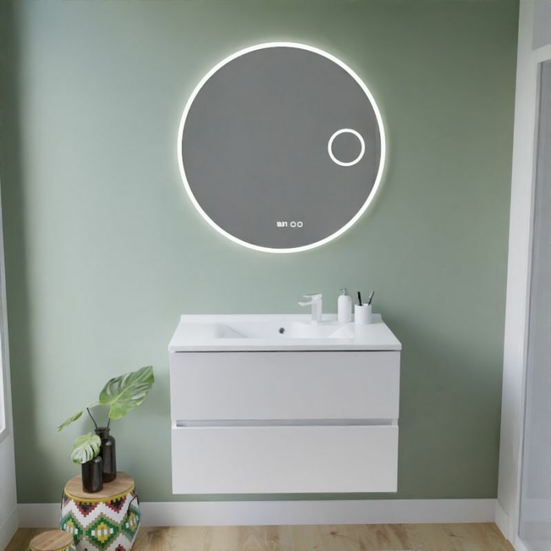 Cuisibane - Meuble vasque tout inox rosinox 80 cm + miroir Rondinara- Blanc- Plan vasque en Résine